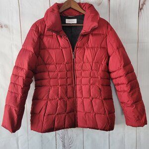 Calvin Klein Down Puffer Coat Women’s L Deep Red, Full Zip Front Winter Holiday